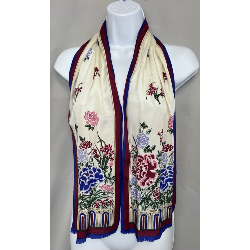 Vintage Oscar De La Renta Scarf Rectangle Floral 50"x10" Silk